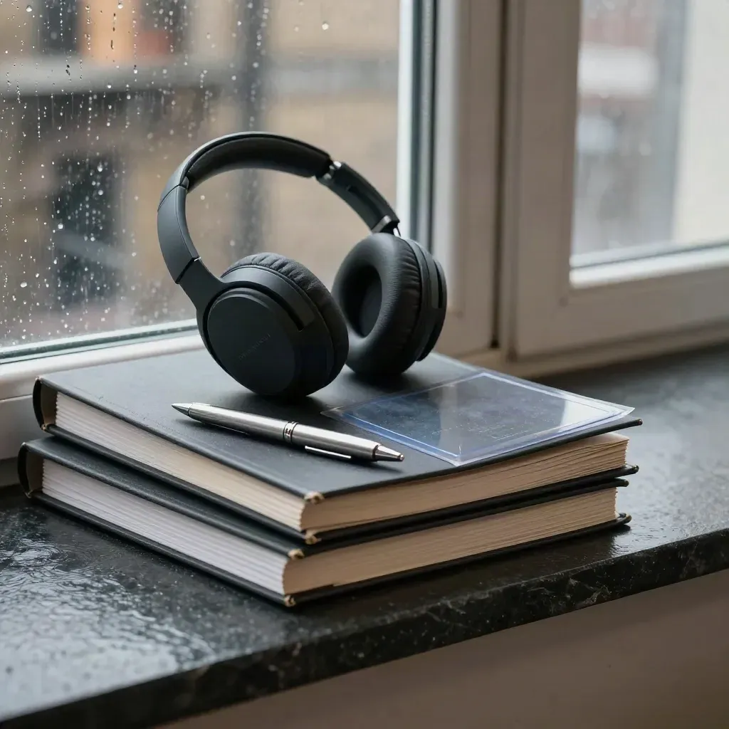 Charcoal course binders, headphones, certificate sleeve and metal pen on dark stone by a rainy window.