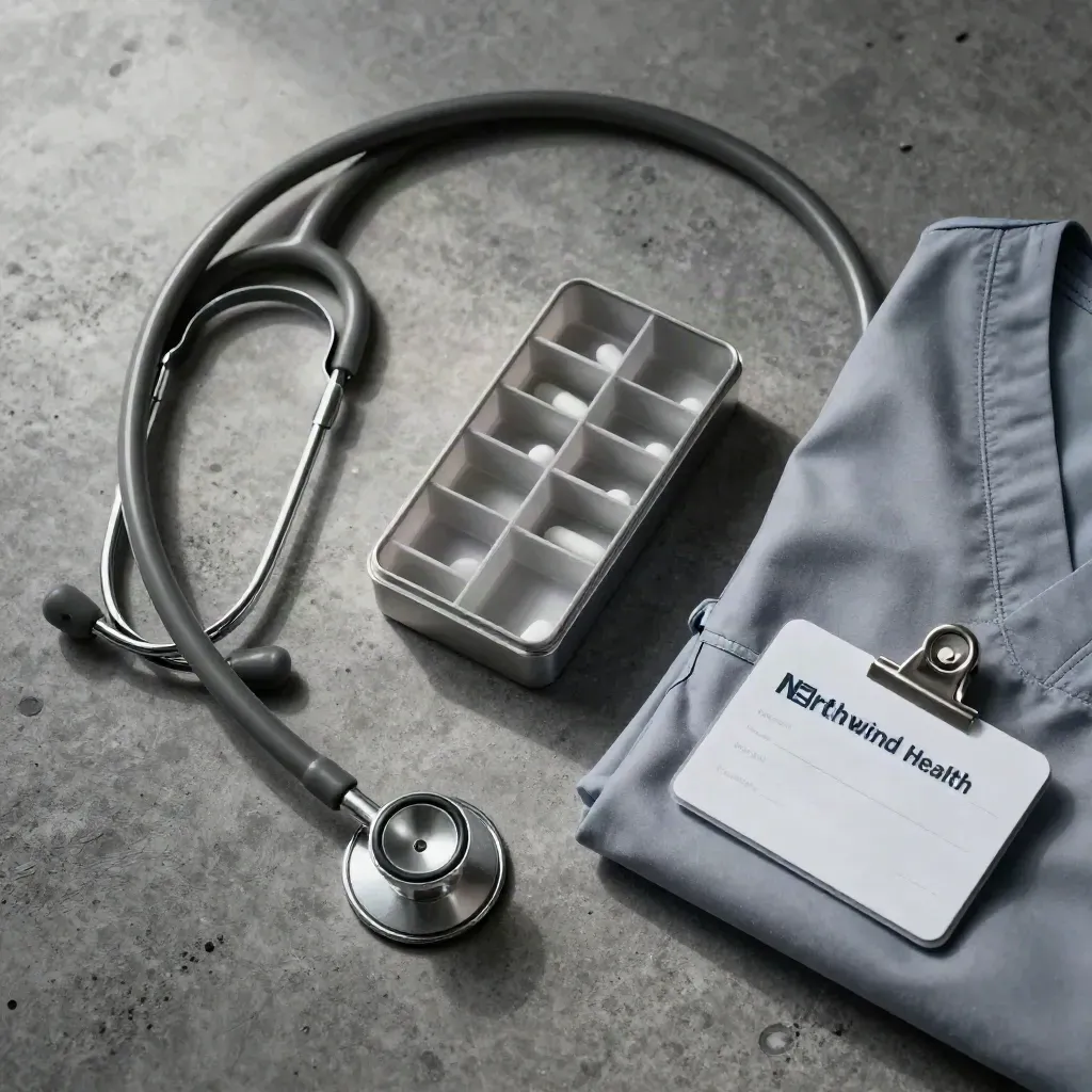 Top-down macro still life of a stethoscope, scrubs cuff and pill organiser on charcoal concrete.