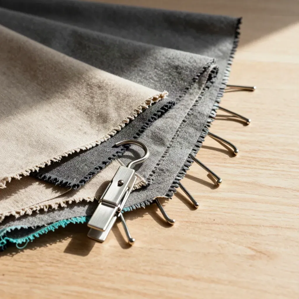 Folded fabric swatches, hanger hooks and a garment clip on pale oak, top-down close crop.