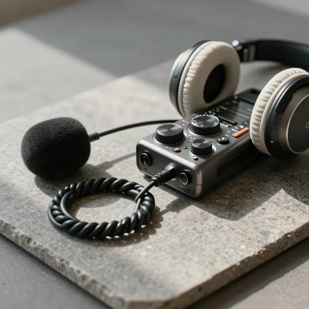 Field recorder, headphones, cable and windscreen on stone under soft daylight.