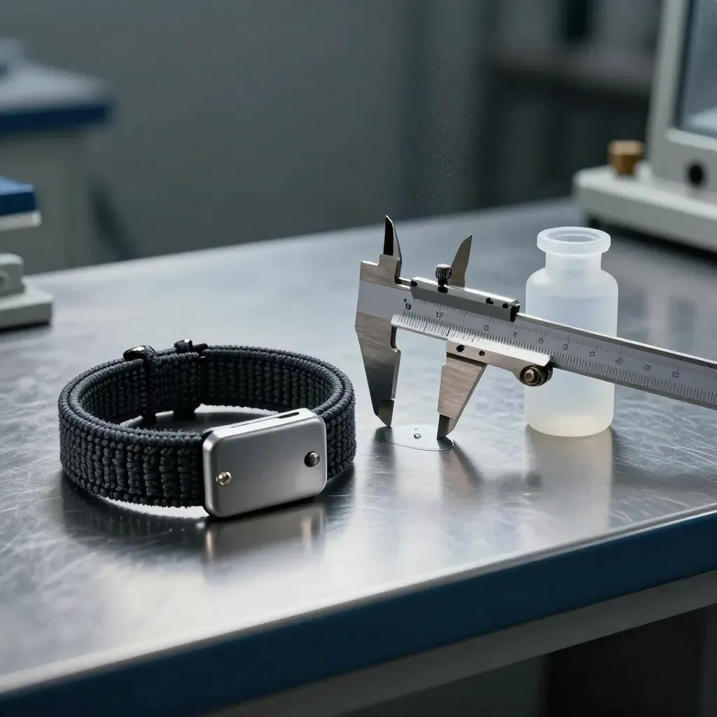 Anti-static strap, calipers, and a frosted vial on brushed steel in dramatic lab light.