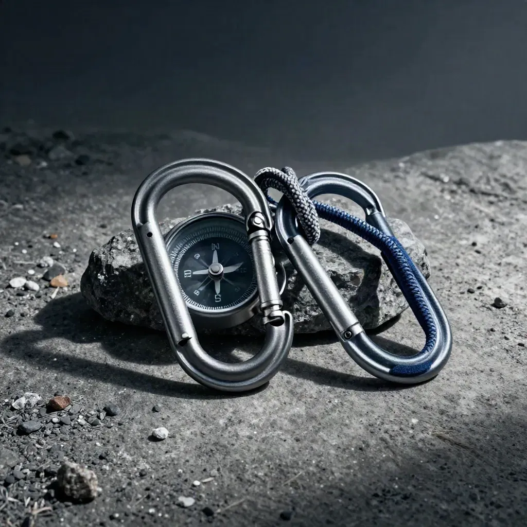 Climbing carabiner, compass, and rope loop on dark concrete in dramatic studio light.