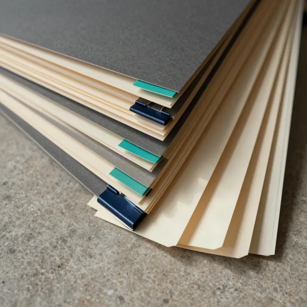 Tabbed folders, binder clips, and blank cards fanned on brushed stone, top-down macro