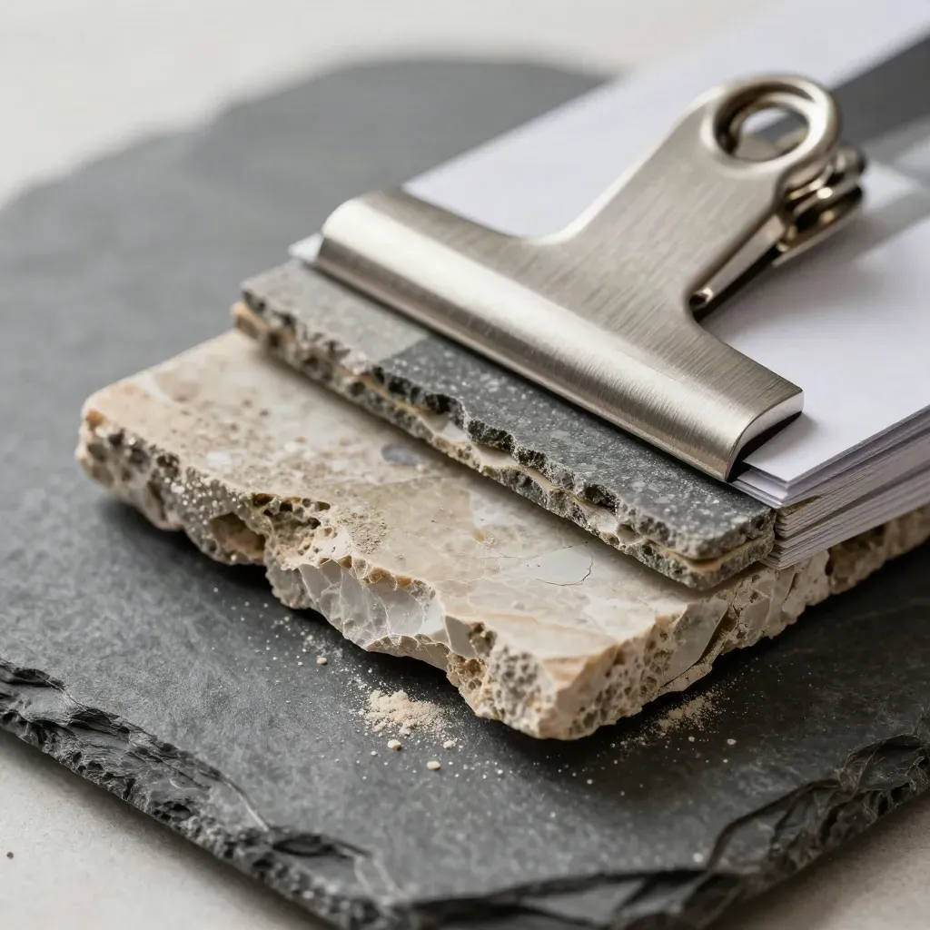 Stone sample chips, architectural swatch book and metal clip on slate in extreme macro.