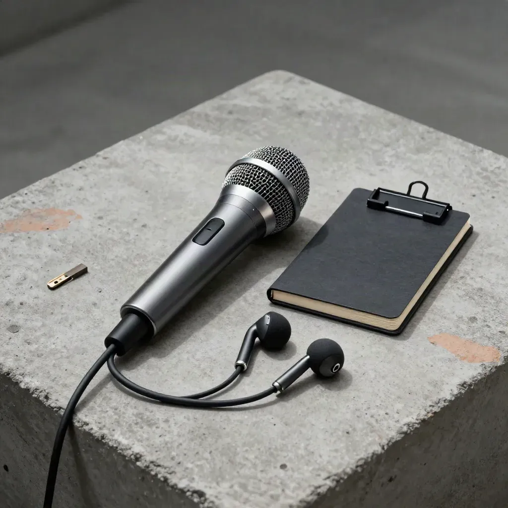 USB mic, earbuds, and clipped notebook on concrete in dramatic studio light.