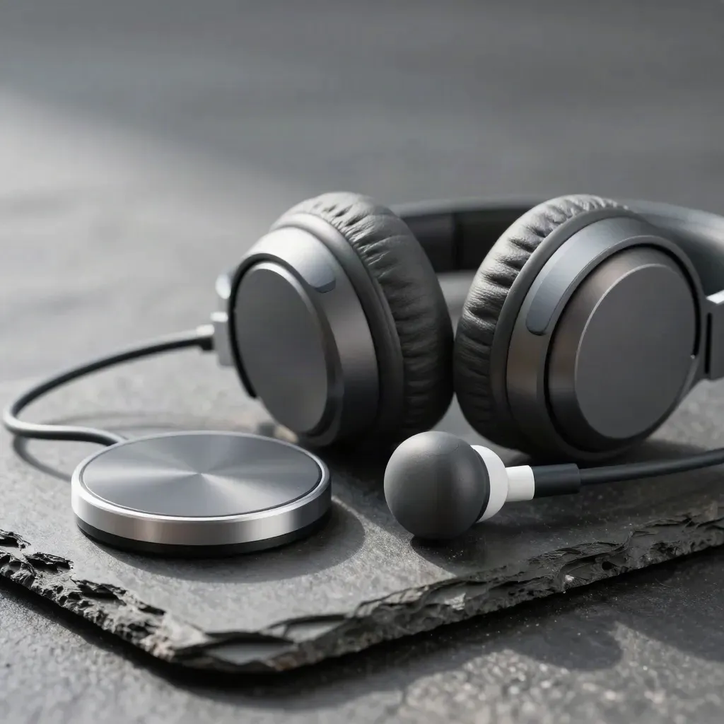 Matte wireless headphones beside a charging puck and coiled cable on dark slate, lit dramatically