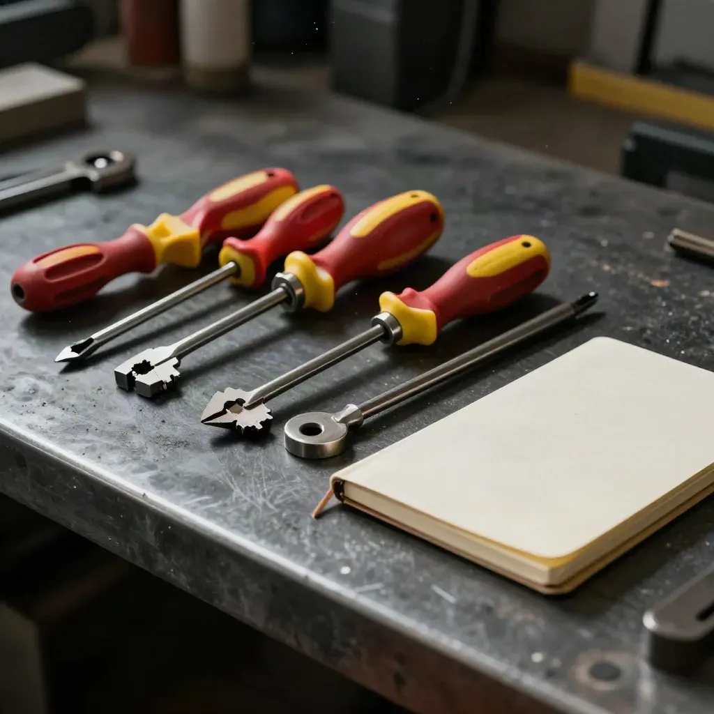 Insulated screwdrivers, wire strippers, and a pocket notebook on graphite felt behind frosted acrylic.