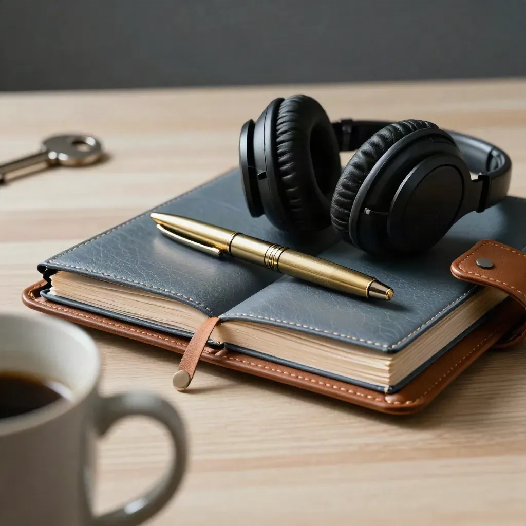 Macro of a leather planner, headphones, brass pen and power bank shot through a mug handle.