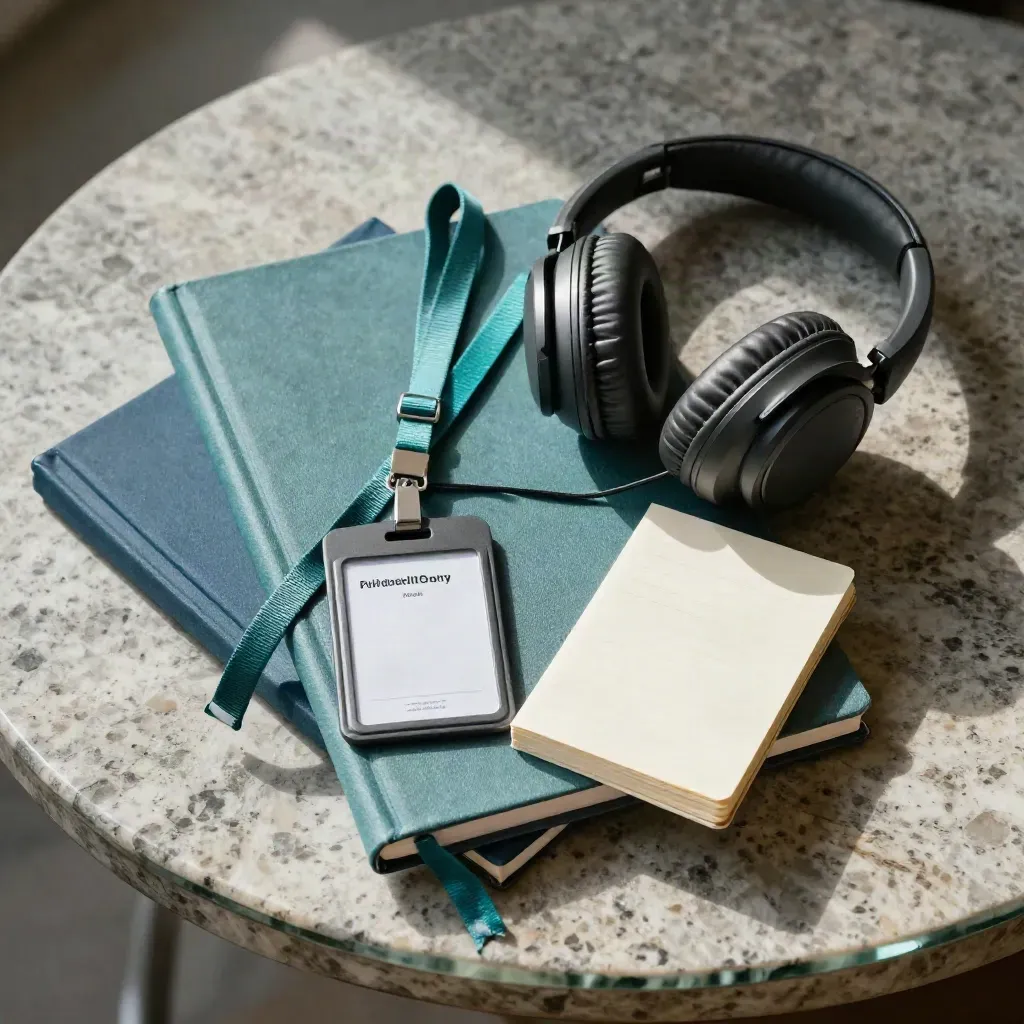 Campus notebooks, headphones, lanyard and revision cards on stone in daylight