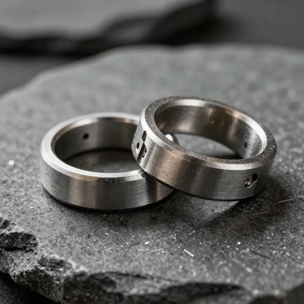 Machined aluminium rings and a connector block on graphite stone in dramatic side light.