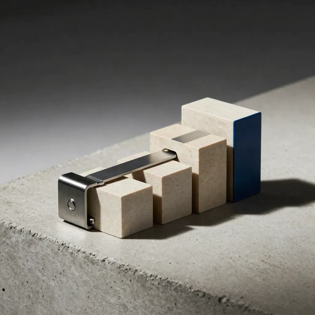 Stepped modular blocks, clamp and linking plate on pale concrete with dramatic shadows