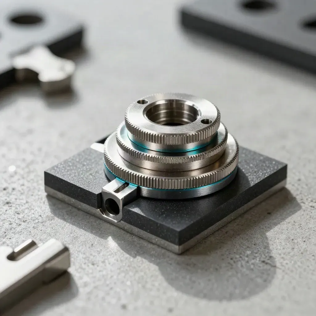 Macro of precision metal connectors and graphite tiles on brushed steel with teal accent
