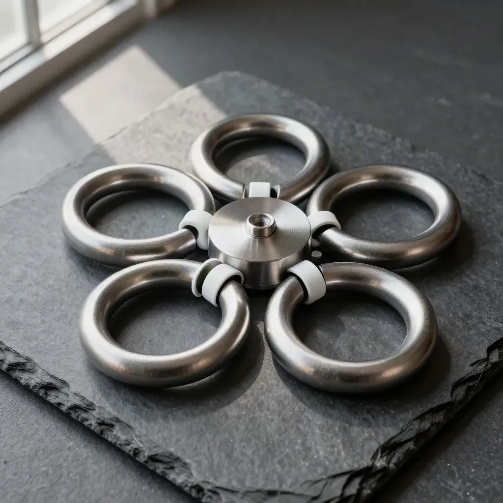 Top-down metal loops around a central hub on slate, lit by soft upper-left daylight.