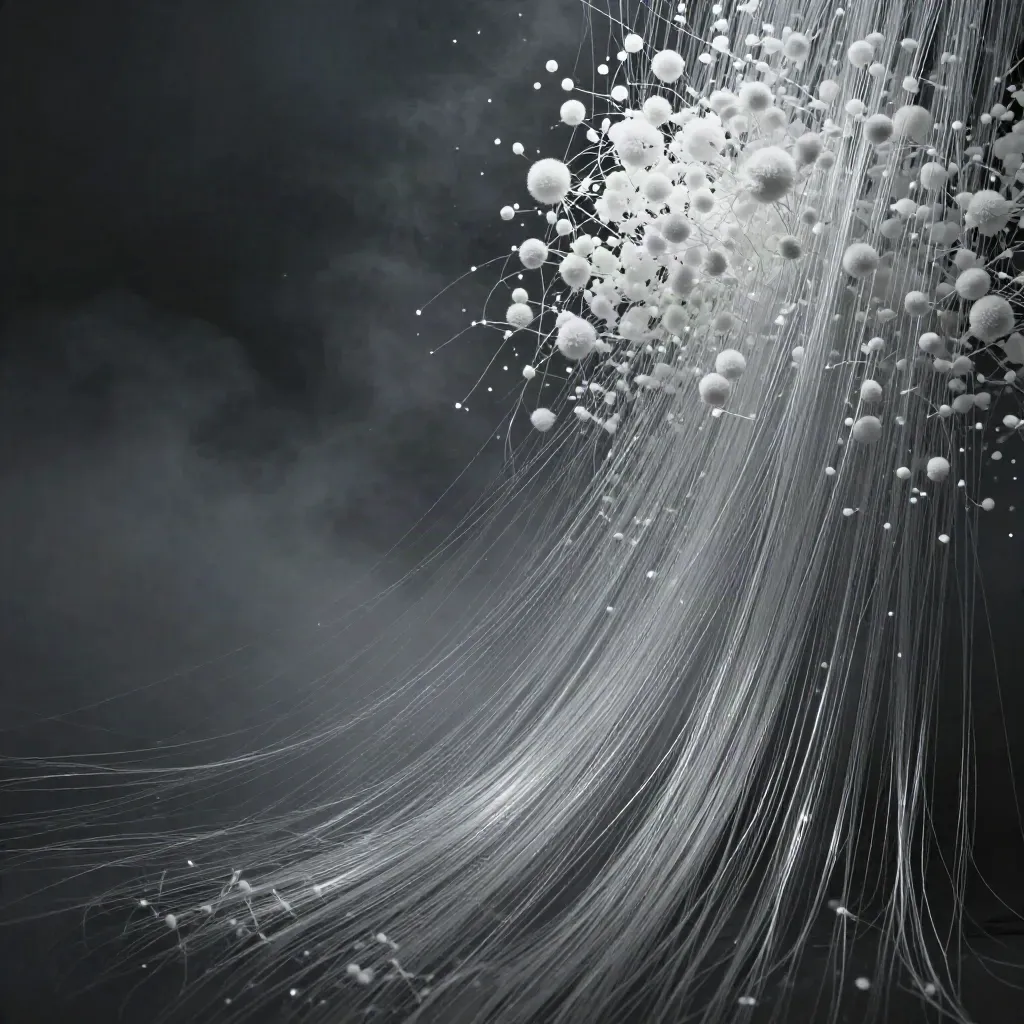 Silver filaments bloom in graphite haze, with a calm empty lower-left zone for copy.